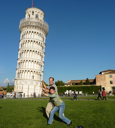 Janet and Steve holding up Leaning Tower of Pisa